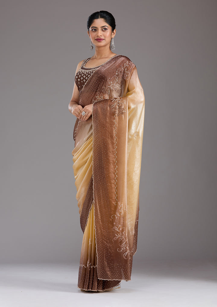 Beige Stonework (Gold) Tissue Saree