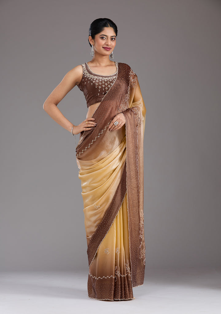Beige Stonework (Gold) Tissue Saree