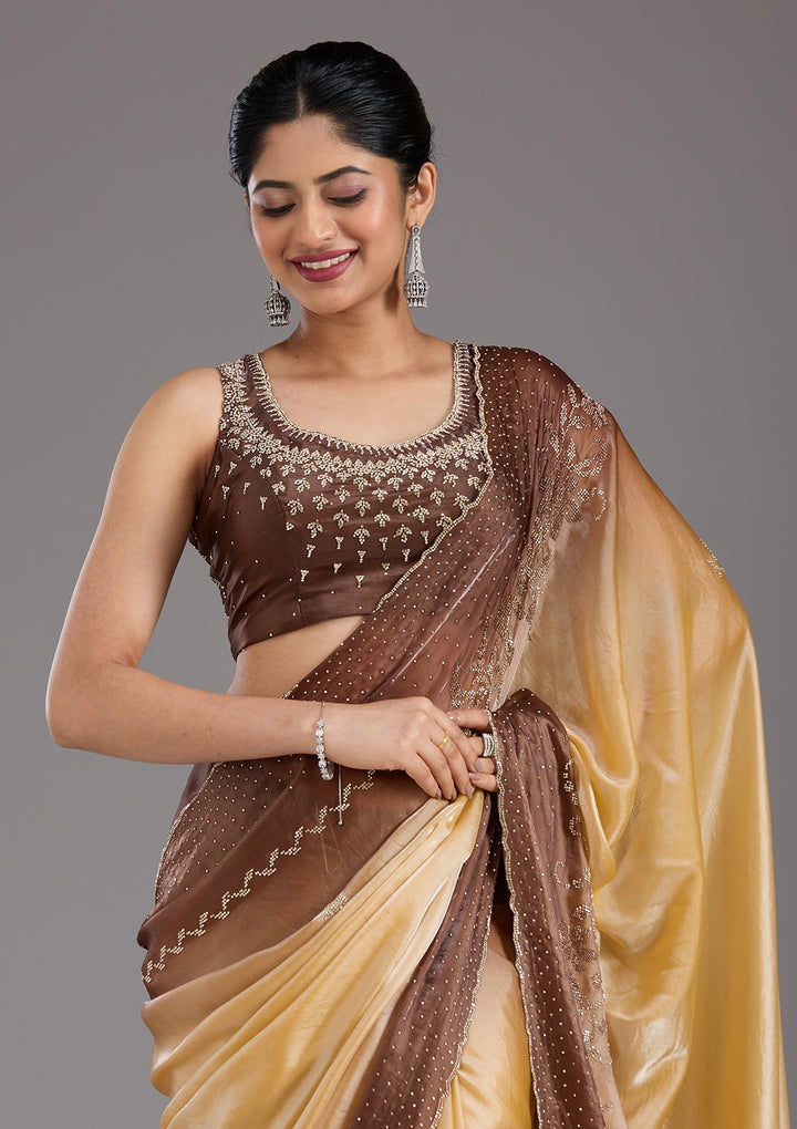 Beige Stonework (Gold) Tissue Saree