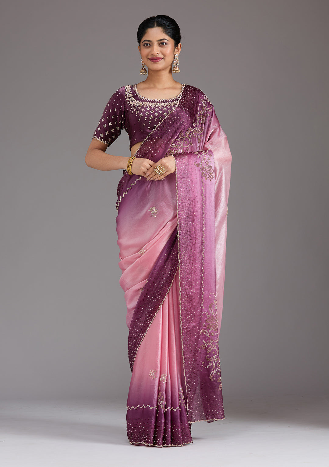 Pink Stonework (Gold) Tissue Saree