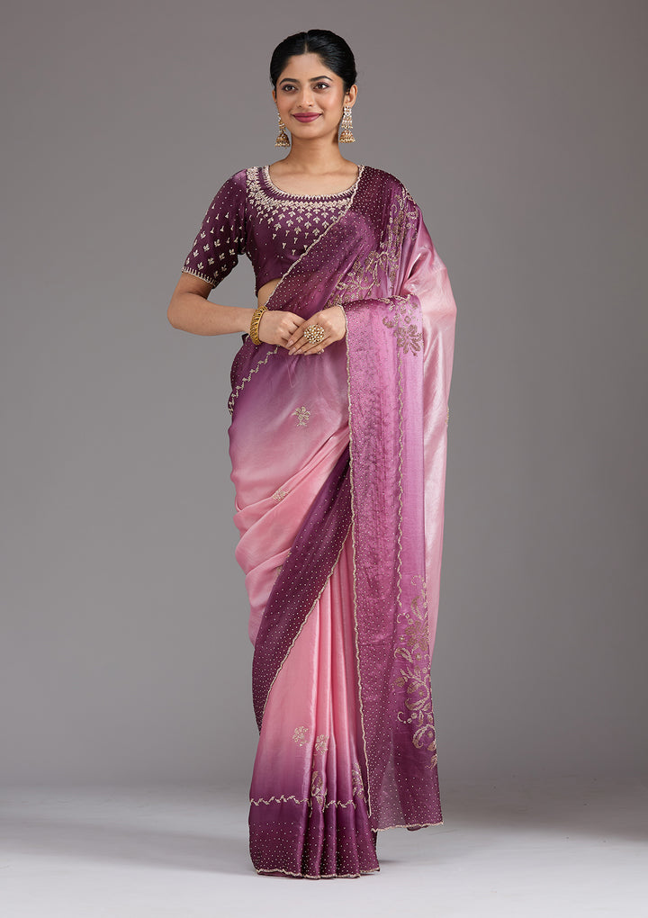 Pink Stonework (Gold) Tissue Saree