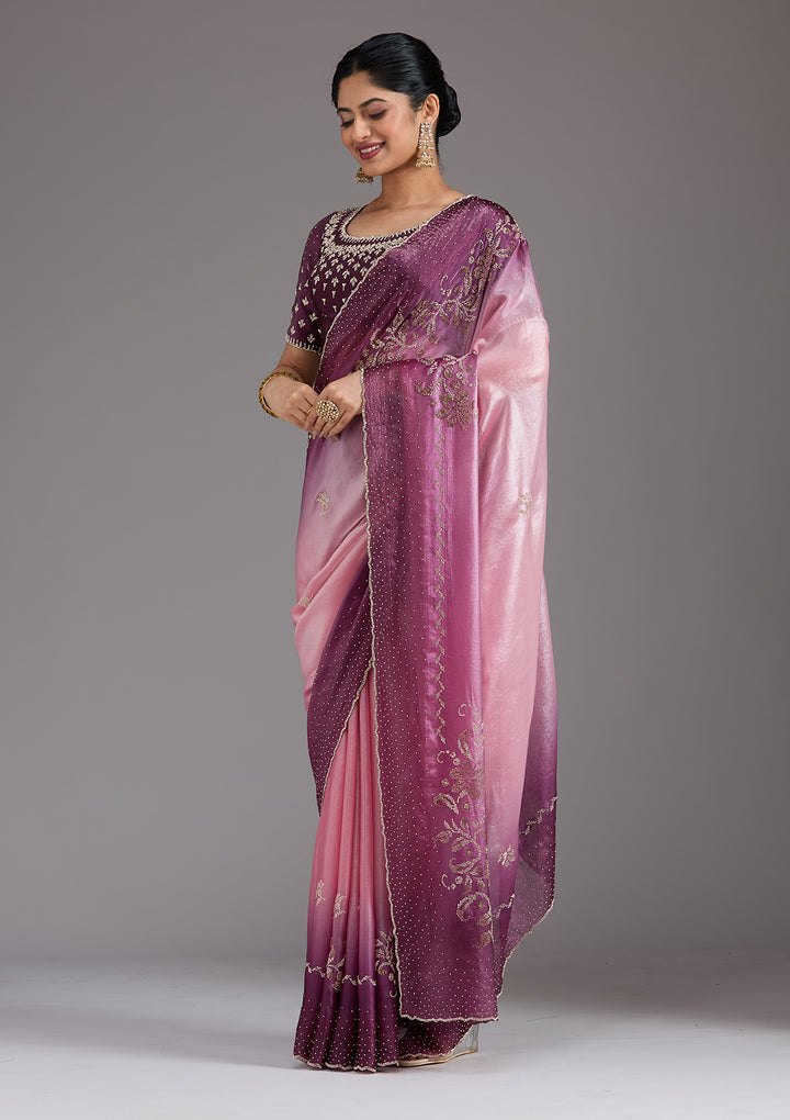 Pink Stonework (Gold) Tissue Saree