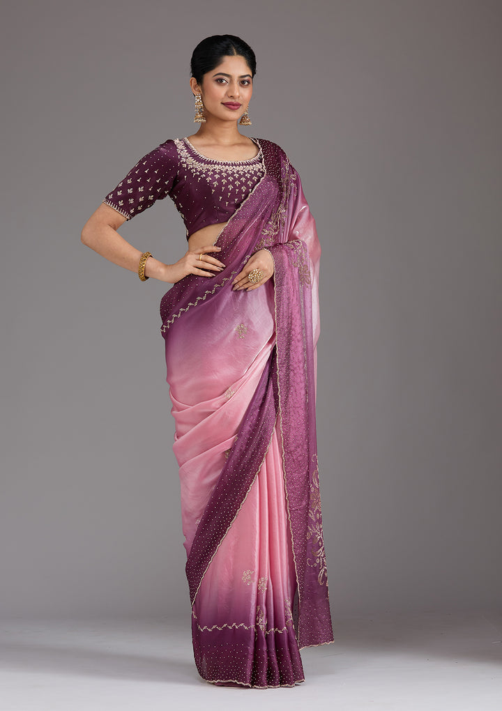 Pink Stonework (Gold) Tissue Saree