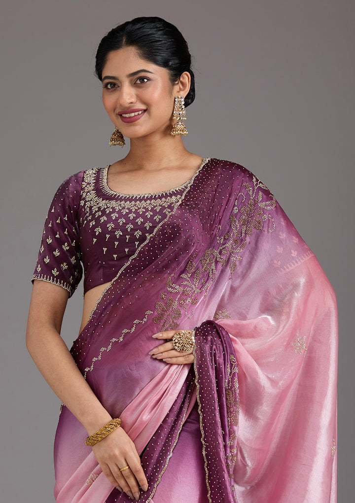 Pink Stonework (Gold) Tissue Saree