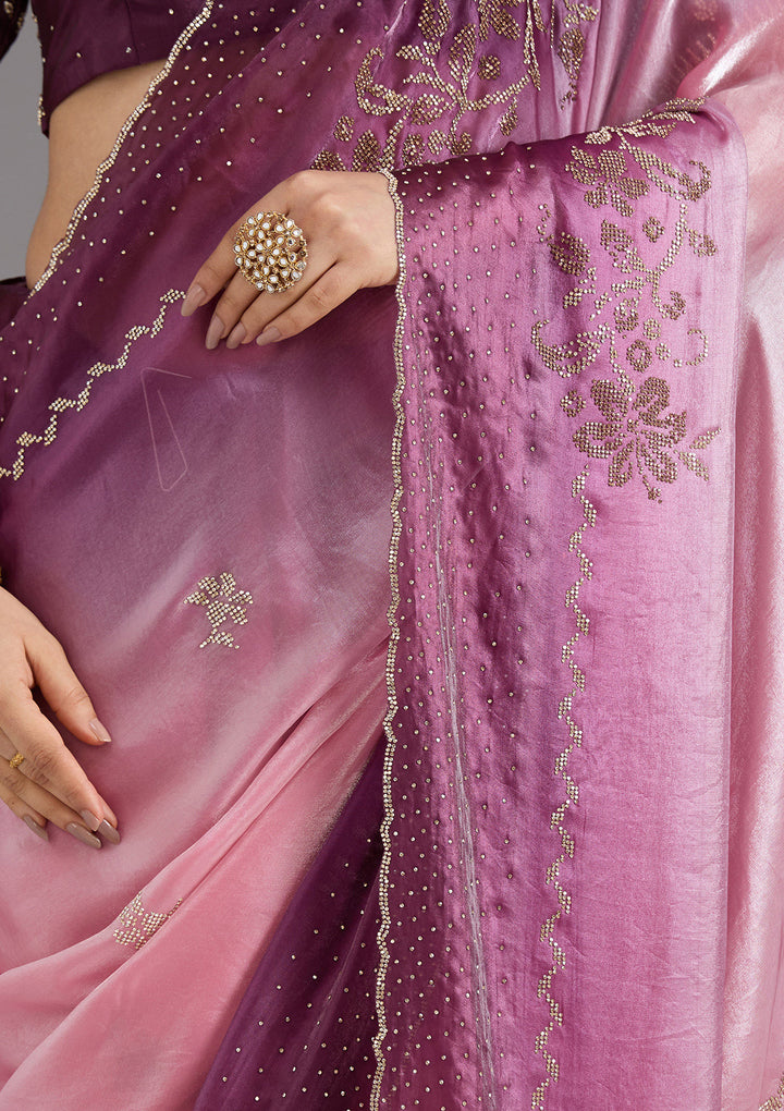 Pink Stonework (Gold) Tissue Saree