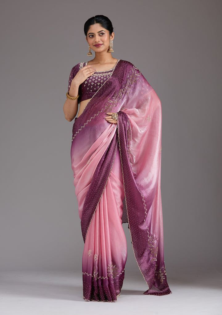 Pink Stonework (Gold) Tissue Saree