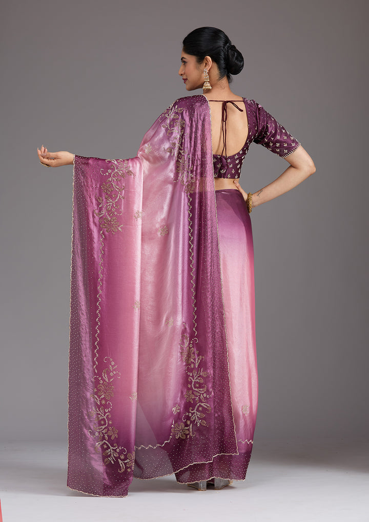 Pink Stonework (Gold) Tissue Saree