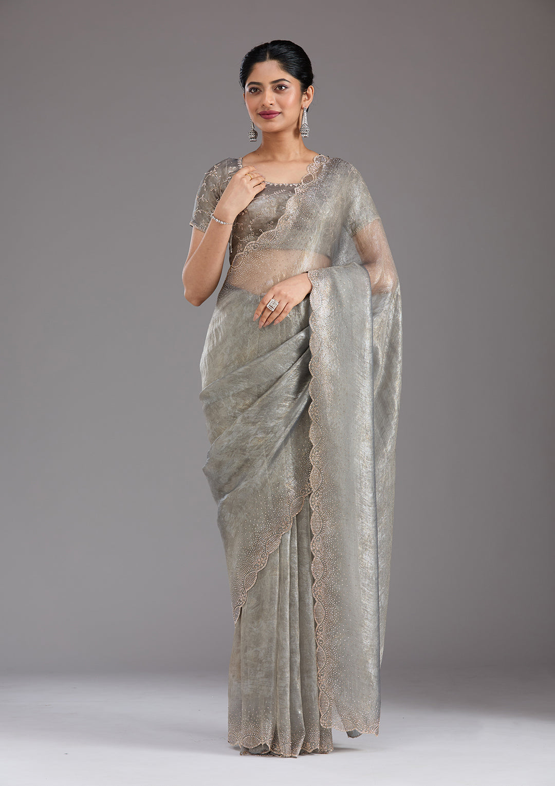 Grey Stonework (Gold) Tissue Saree