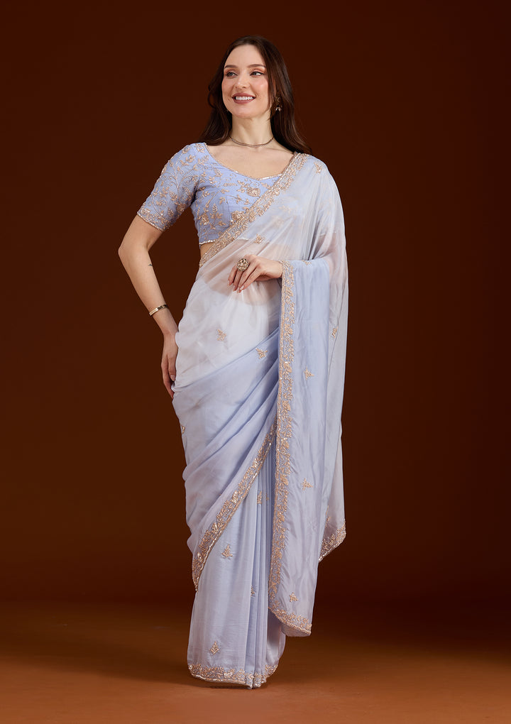 Sky Blue Cutdana Silk Saree