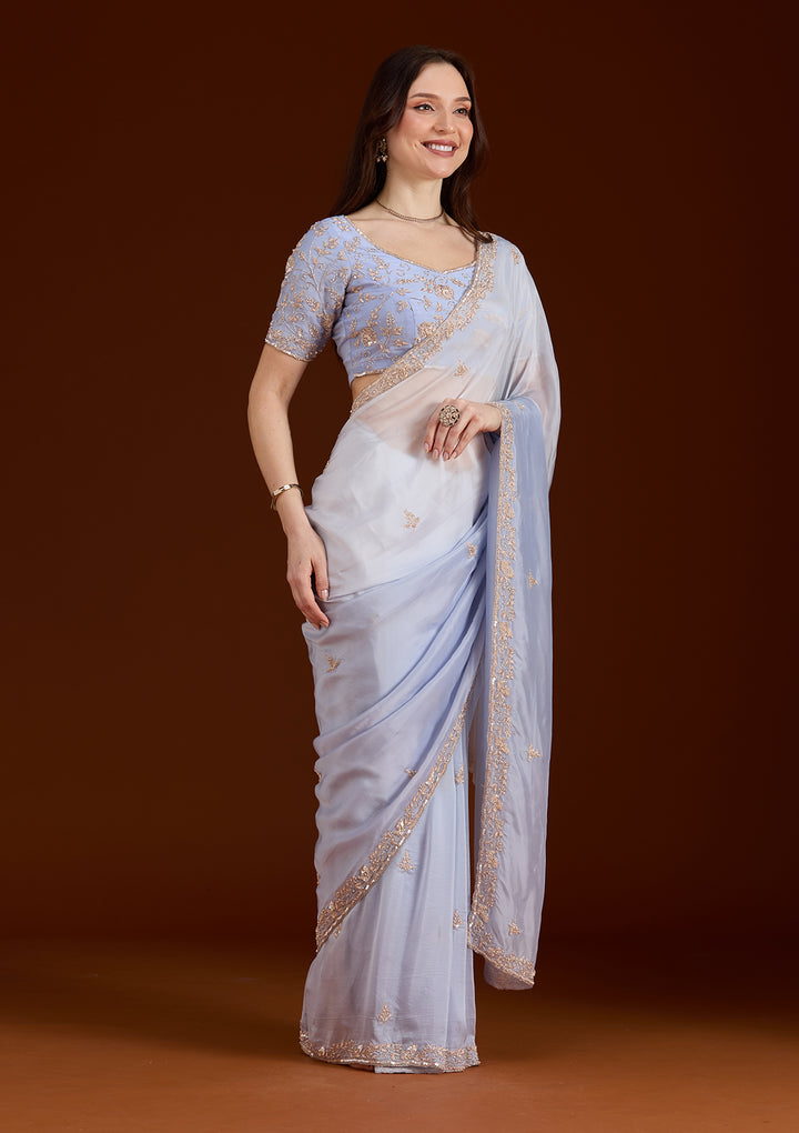 Sky Blue Cutdana Silk Saree