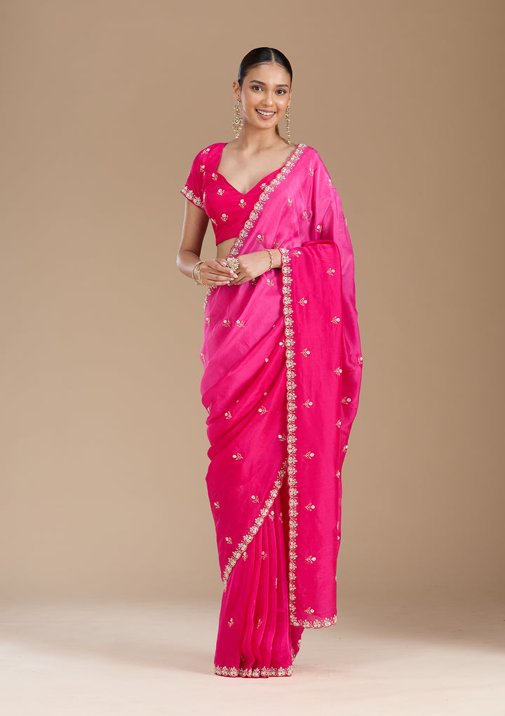 Rani Pink Aariwork Satin Saree