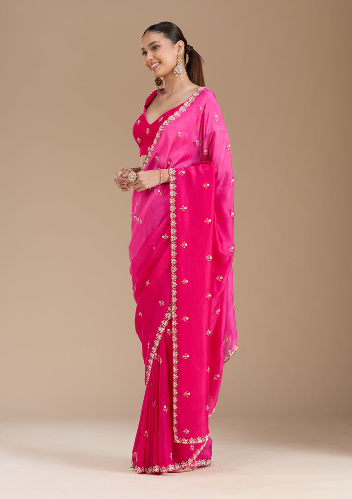 Rani Pink Aariwork Satin Saree