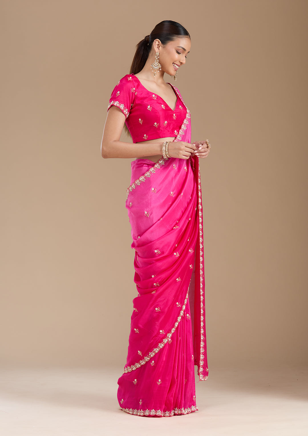 Rani Pink Aariwork Satin Saree