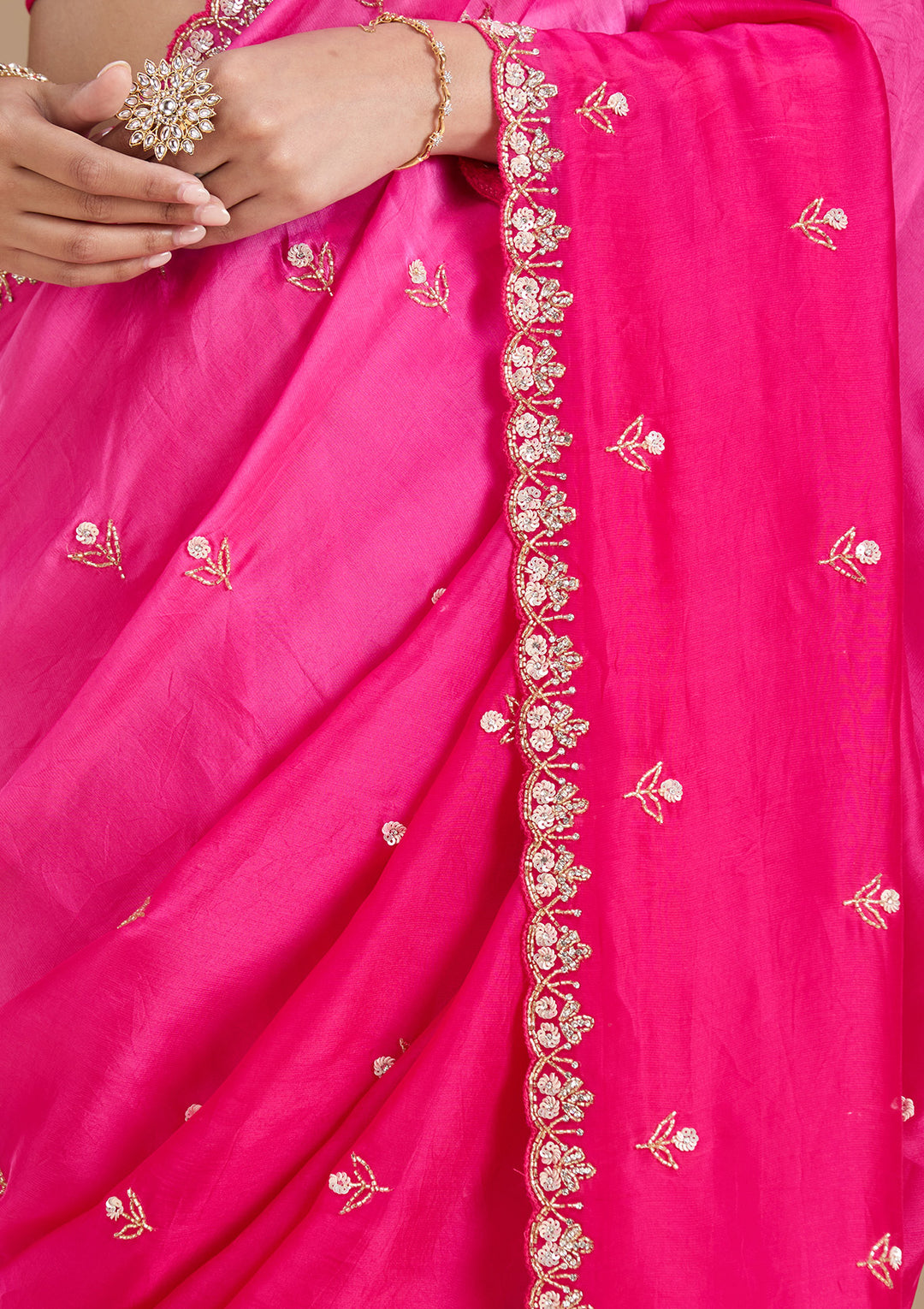 Rani Pink Aariwork Satin Saree