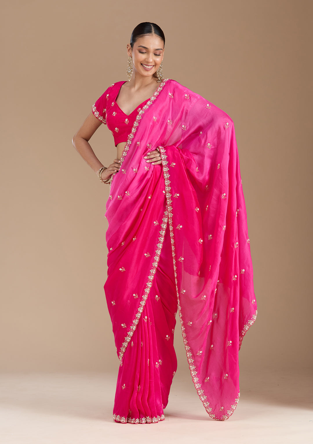 Rani Pink Aariwork Satin Saree