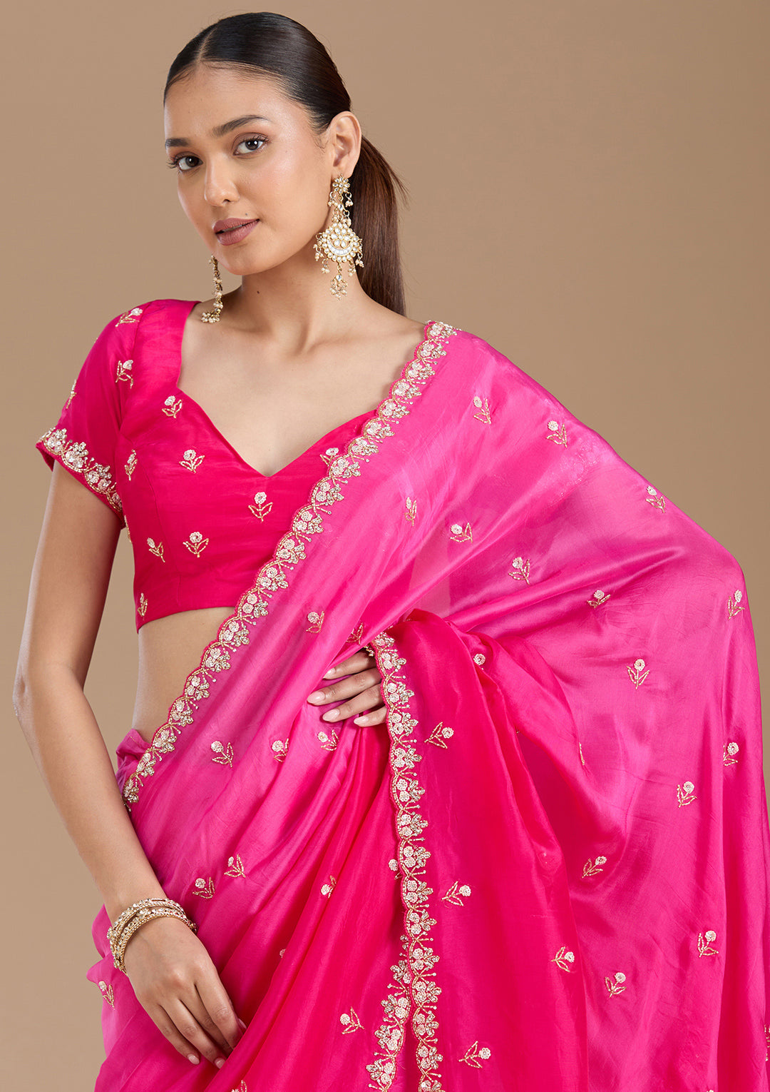 Rani Pink Aariwork Satin Saree