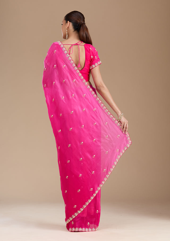 Rani Pink Aariwork Satin Saree