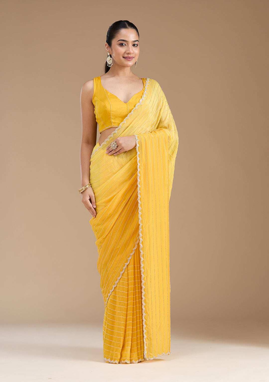 Yellow Cutdana Crepe Saree