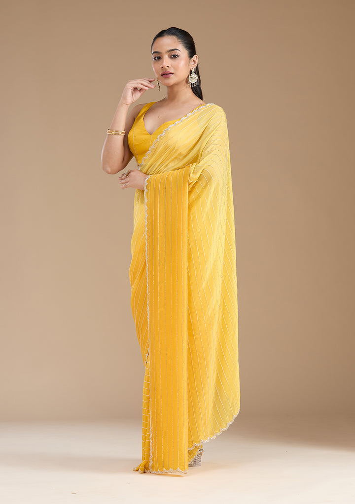 Yellow Cutdana Crepe Saree