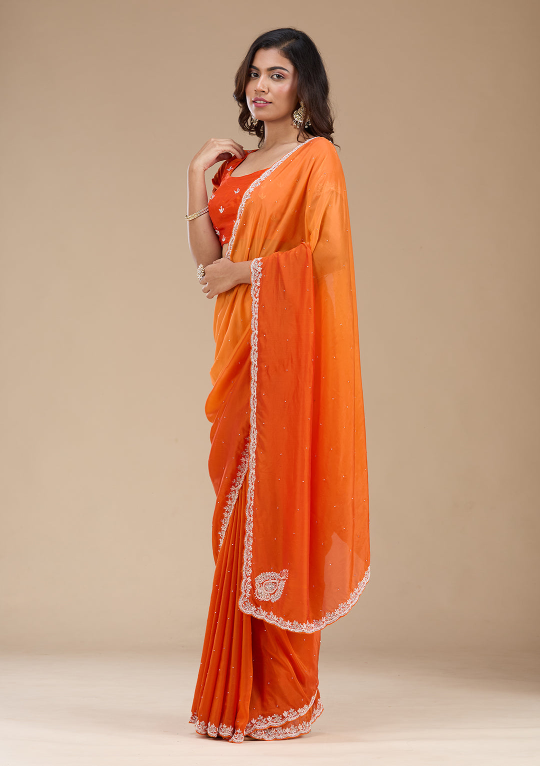 Orange Cutdana Satin Saree