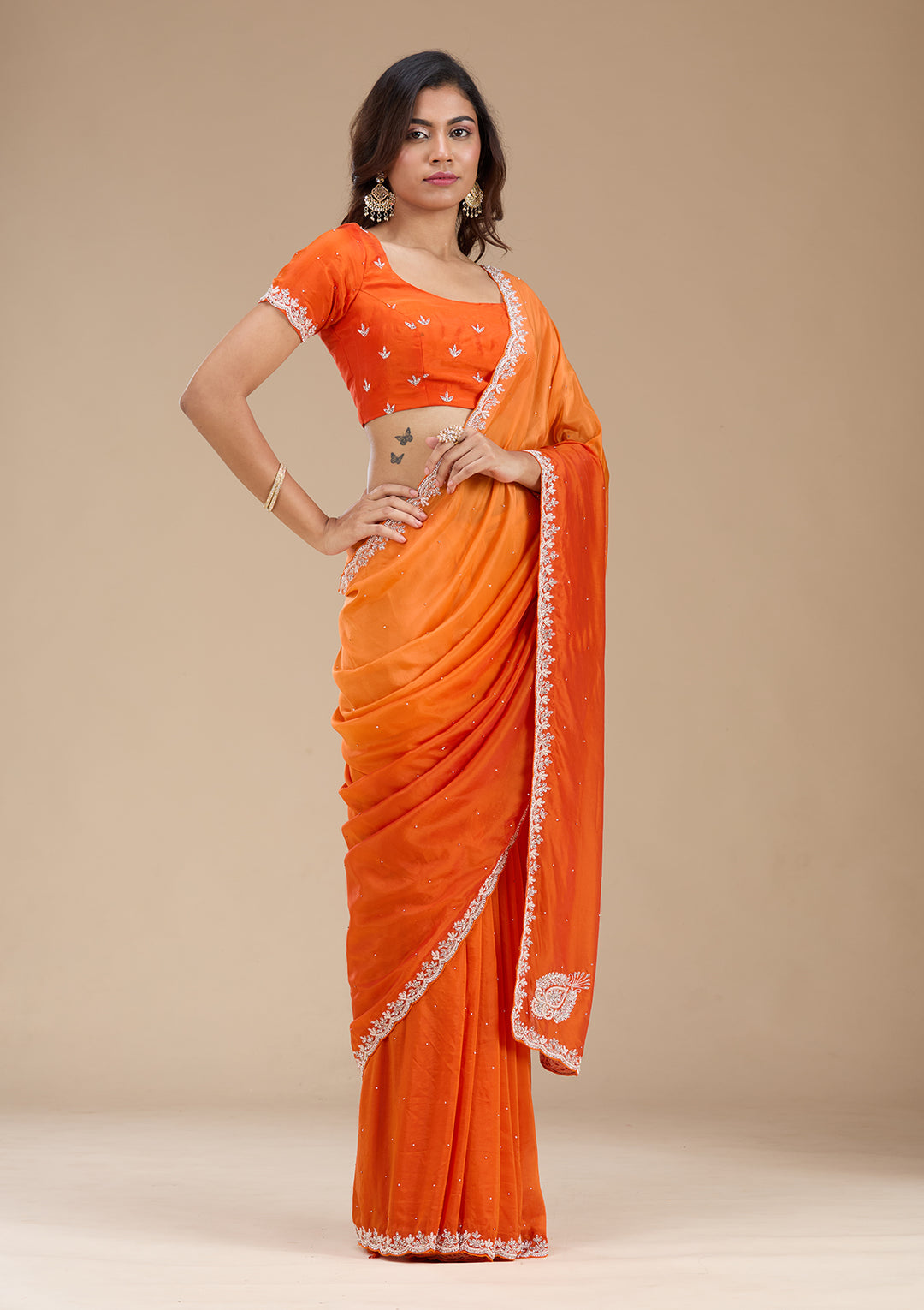 Orange Cutdana Satin Saree