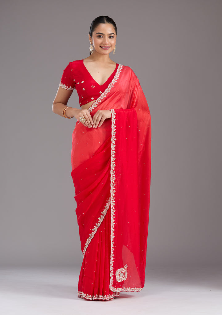 Red Cutdana Satin Saree