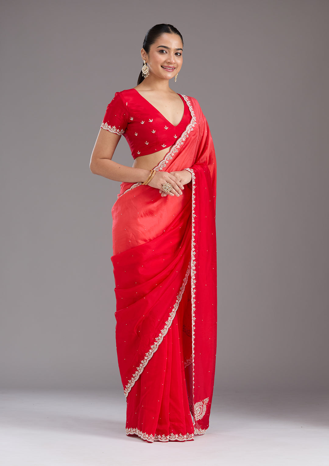 Red Cutdana Satin Saree