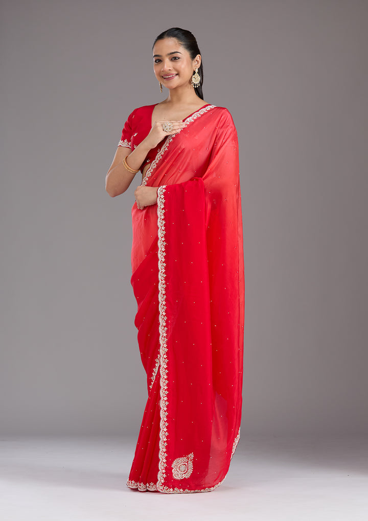 Red Cutdana Satin Saree