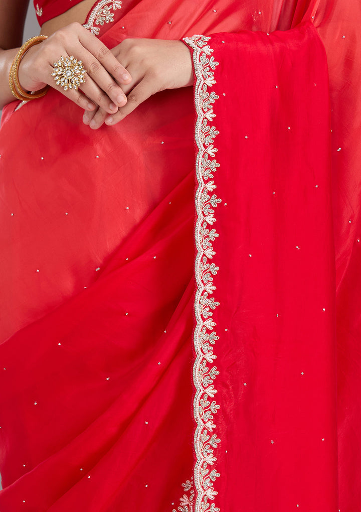 Red Cutdana Satin Saree