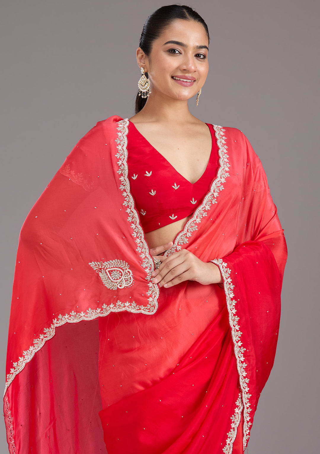Red Cutdana Satin Saree