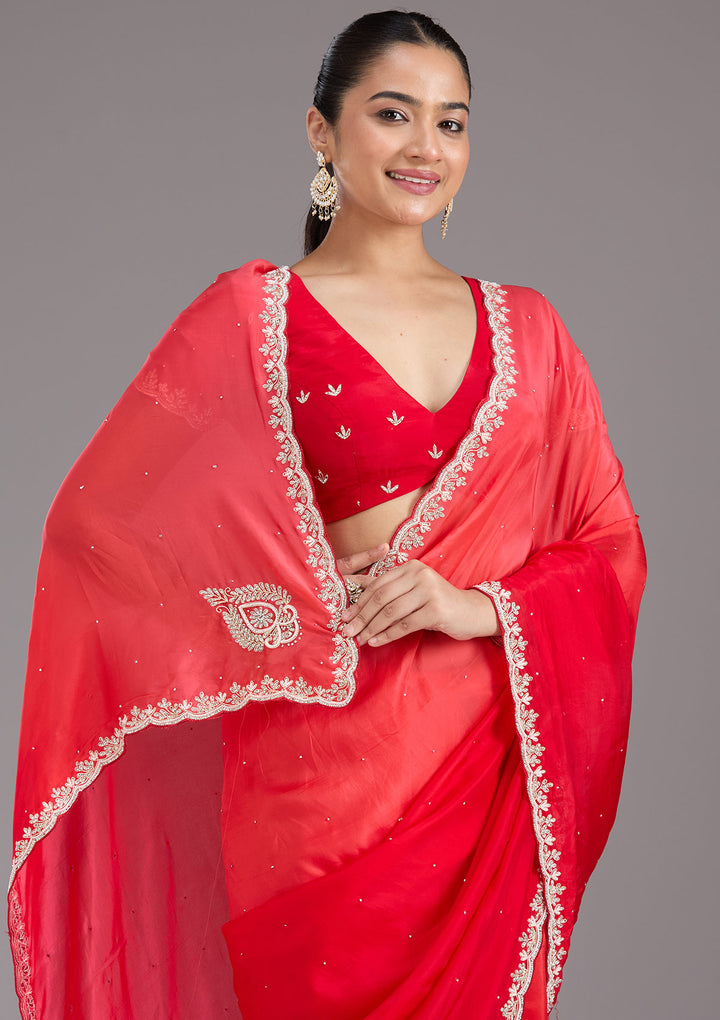 Red Cutdana Satin Saree