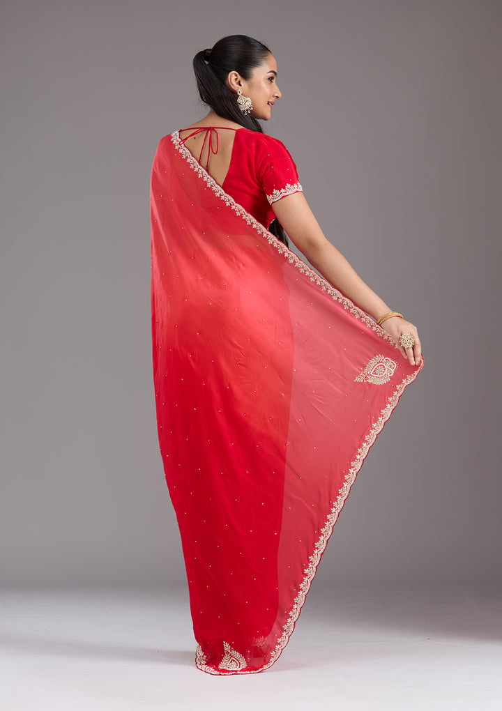 Red Cutdana Satin Saree
