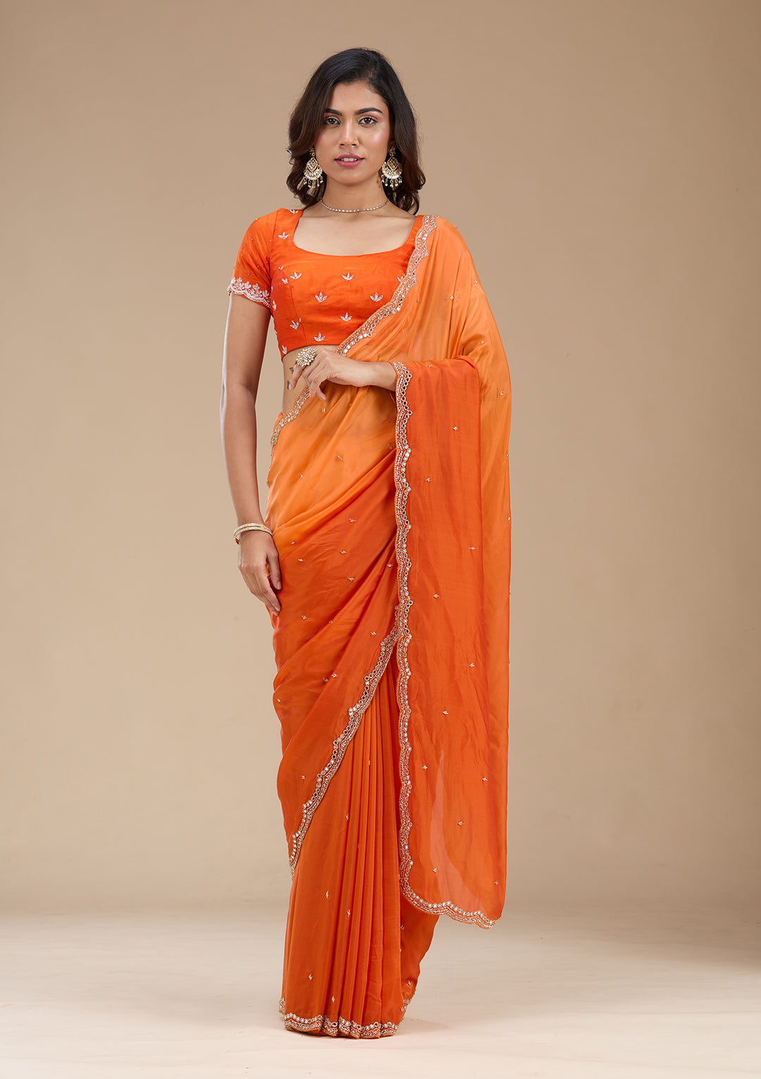 Orange Cutdana Satin Saree