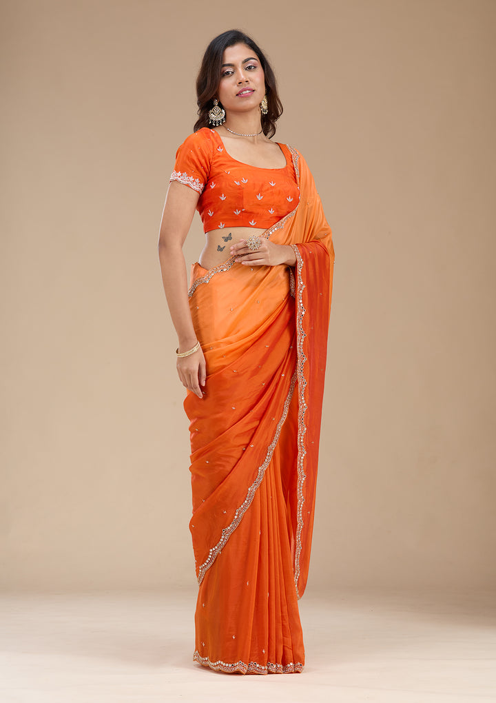 Orange Cutdana Satin Saree