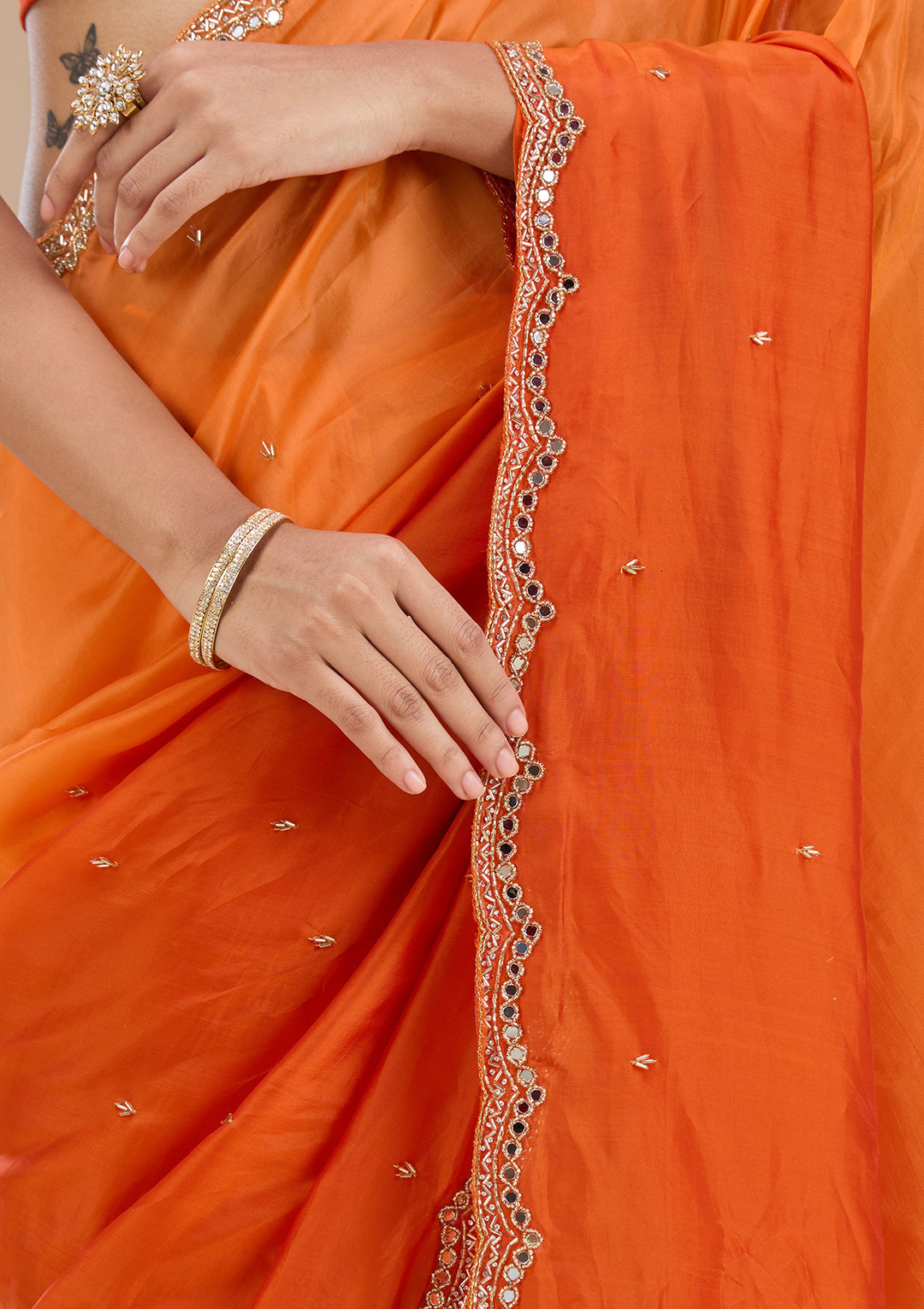Orange Cutdana Satin Saree