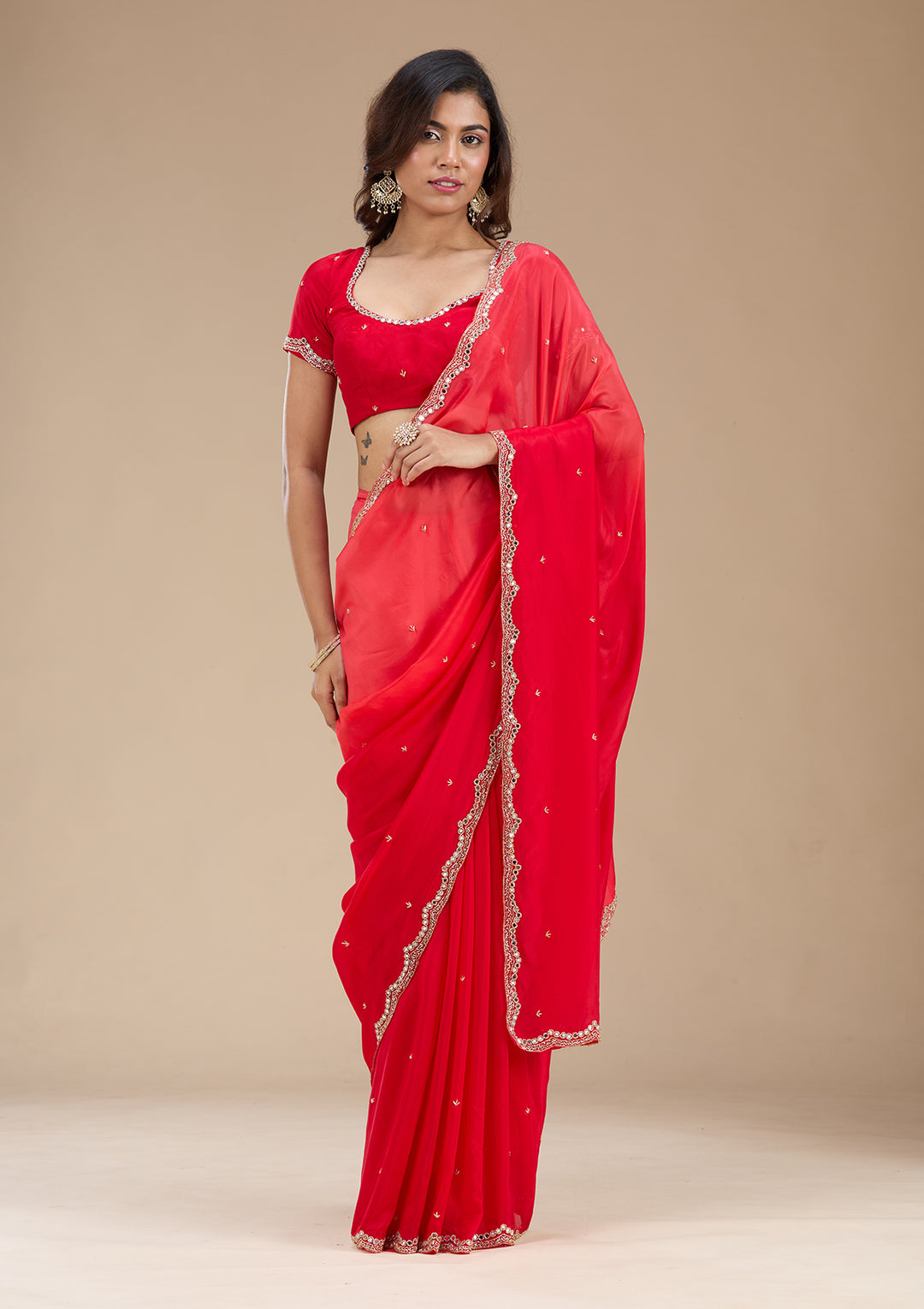 Red Cutdana Satin Saree
