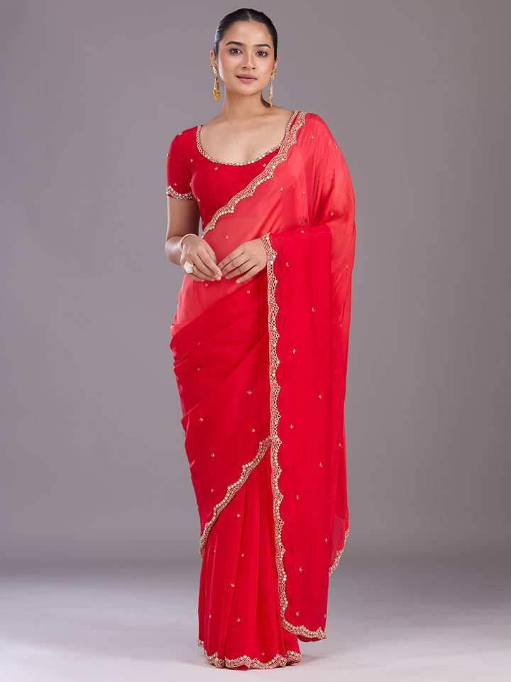 Red Cutdana Satin Saree