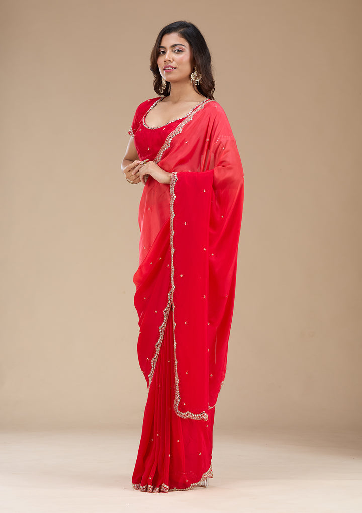 Red Cutdana Satin Saree