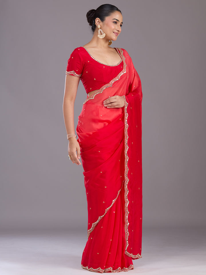 Red Cutdana Satin Saree