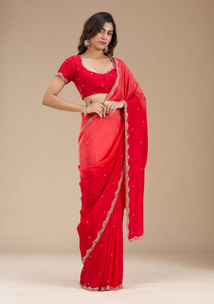 Red Cutdana Satin Saree