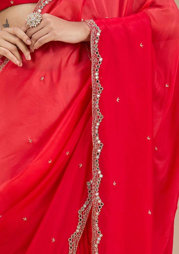Red Cutdana Satin Saree