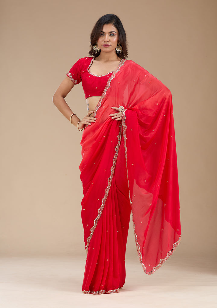 Red Cutdana Satin Saree