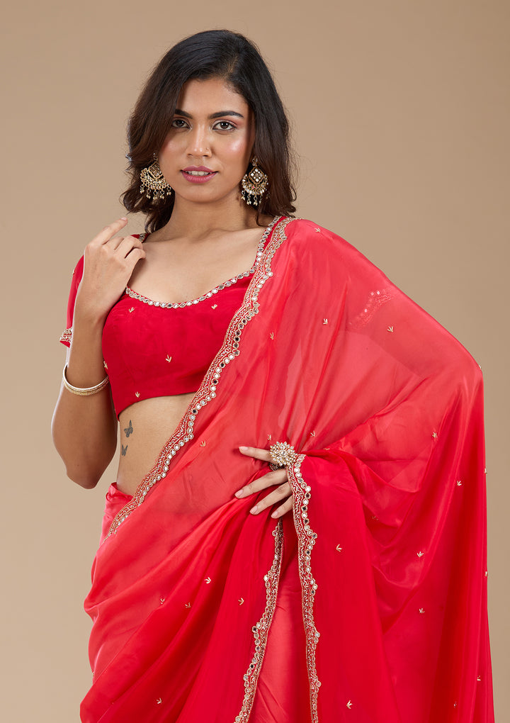 Red Cutdana Satin Saree