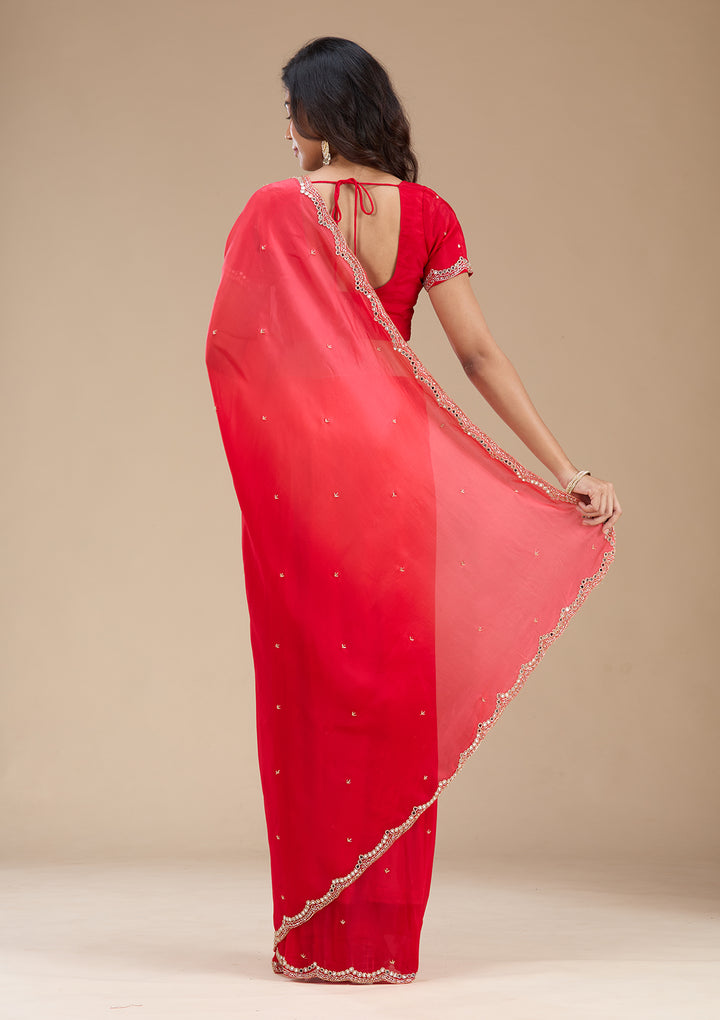 Red Cutdana Satin Saree