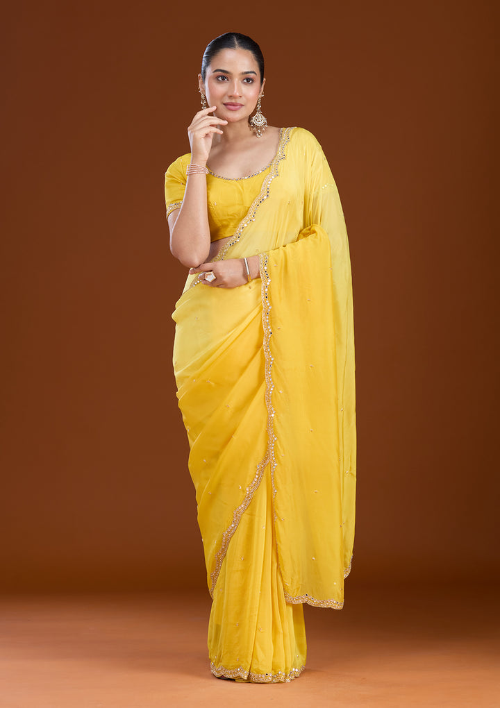 Yellow Cutdana Satin Saree