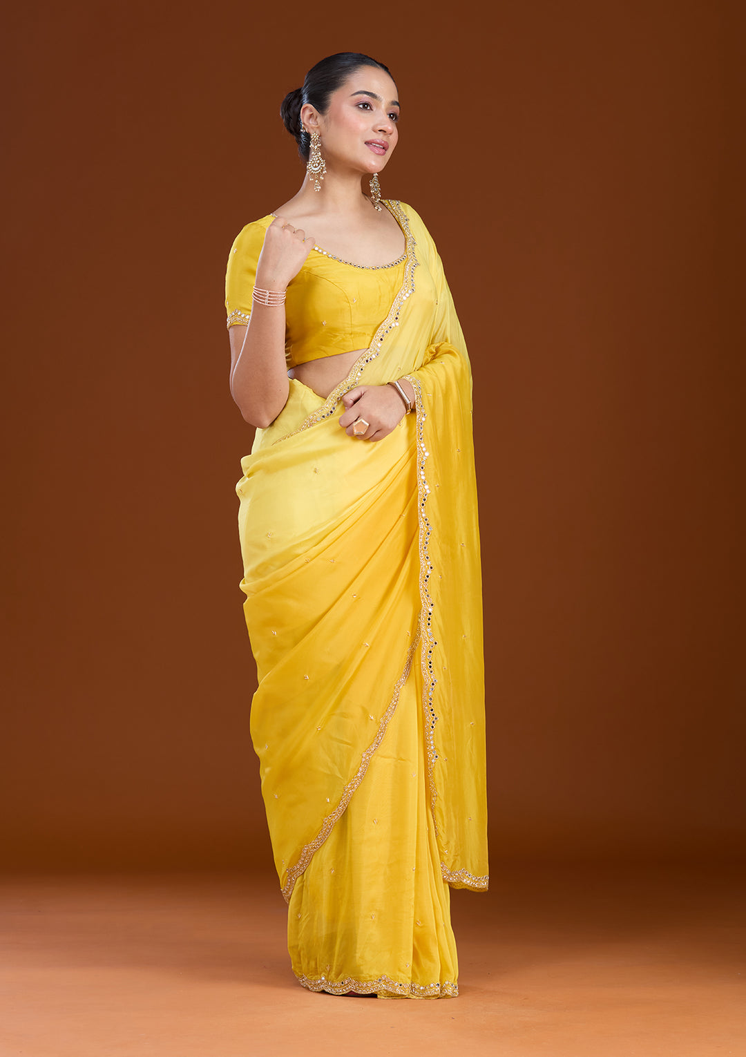 Yellow Cutdana Satin Saree