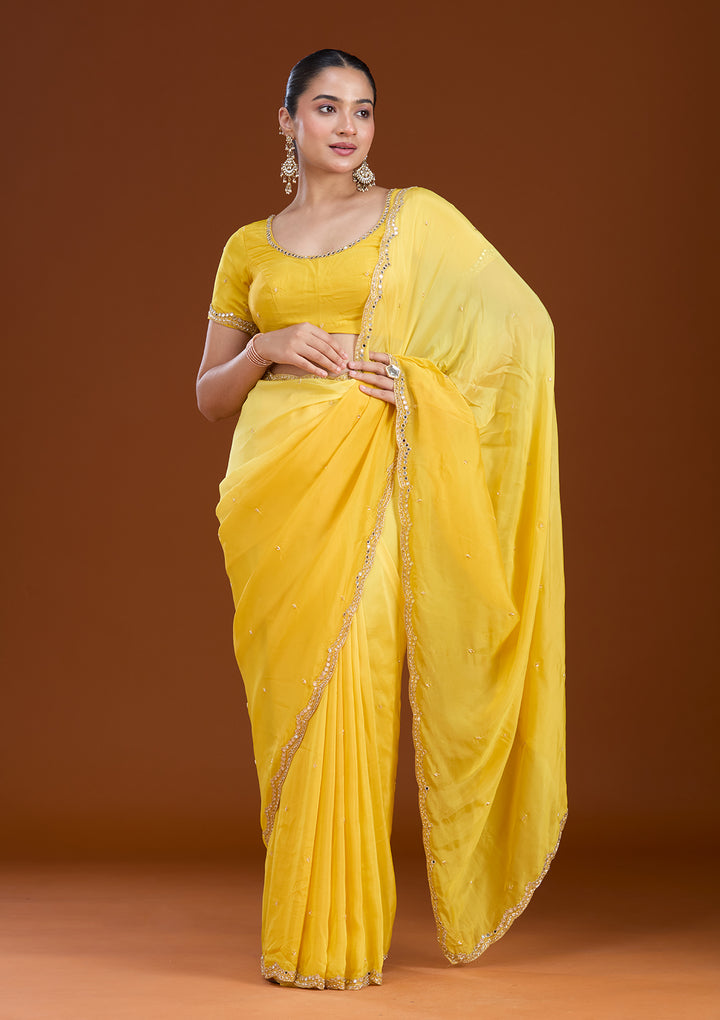 Yellow Cutdana Satin Saree