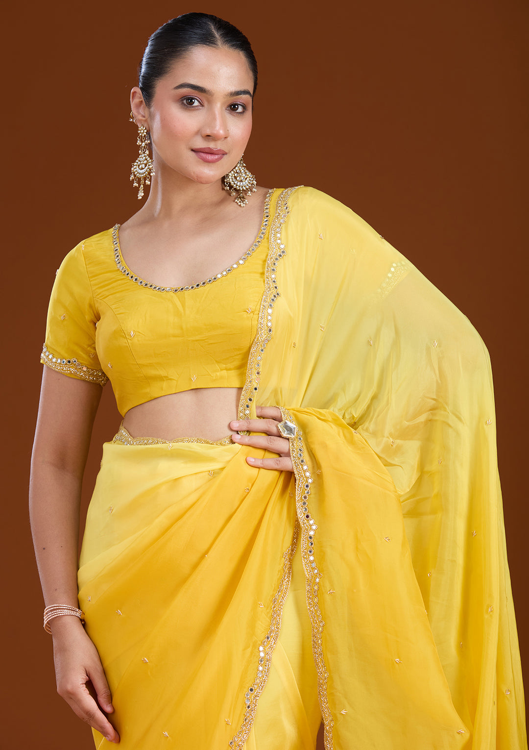 Yellow Cutdana Satin Saree