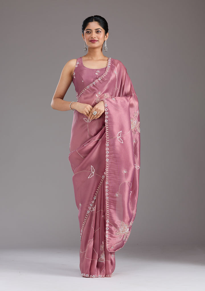 Onion Pink Aariwork Tissue Saree