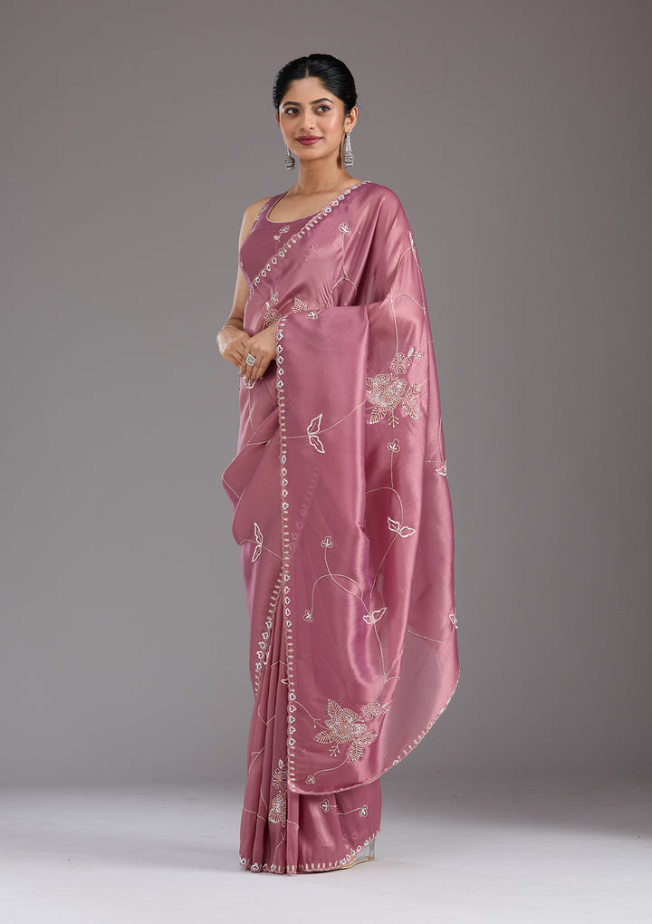 Onion Pink Aariwork Tissue Saree